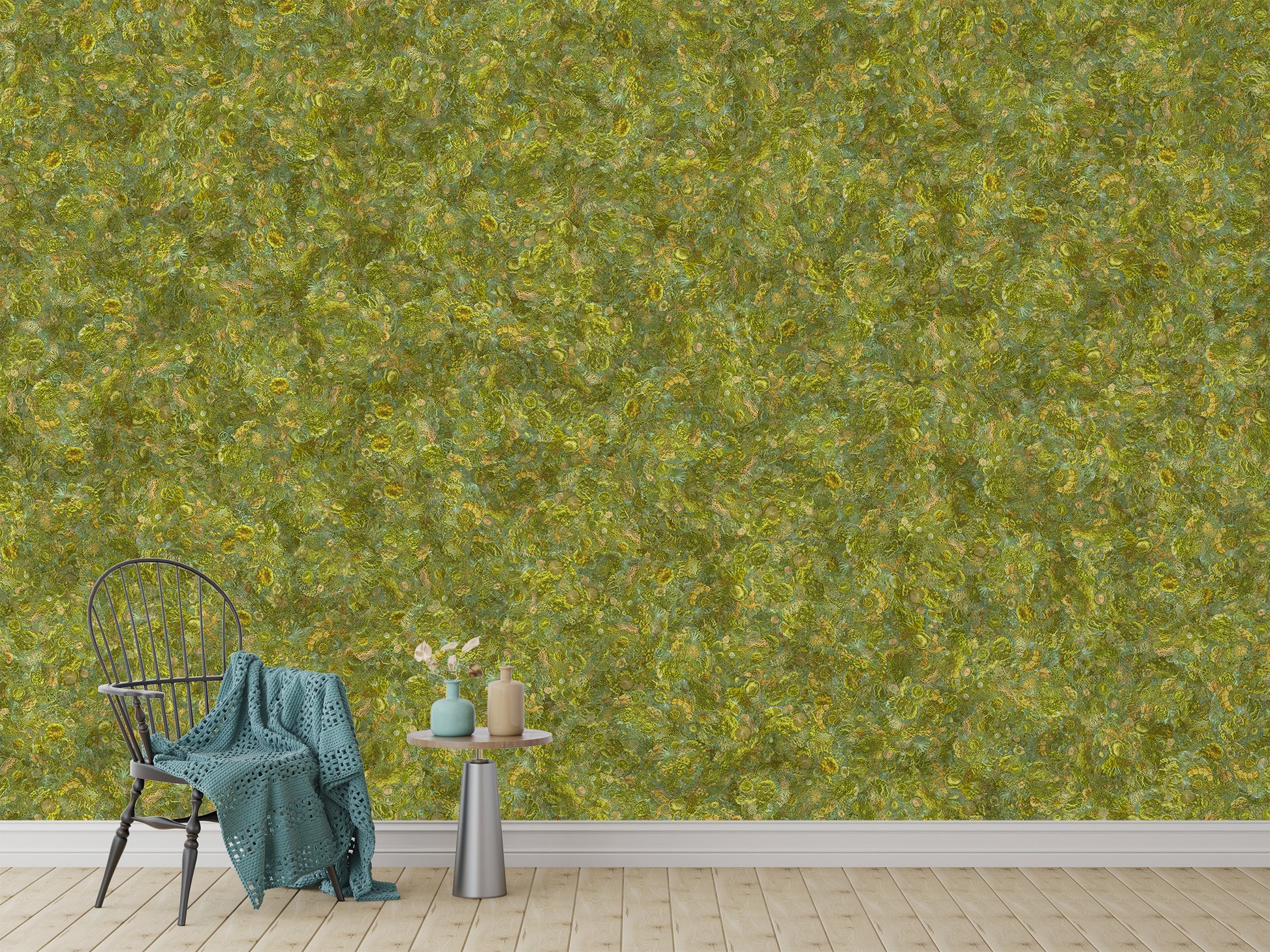 Embroidered moss green wall design
