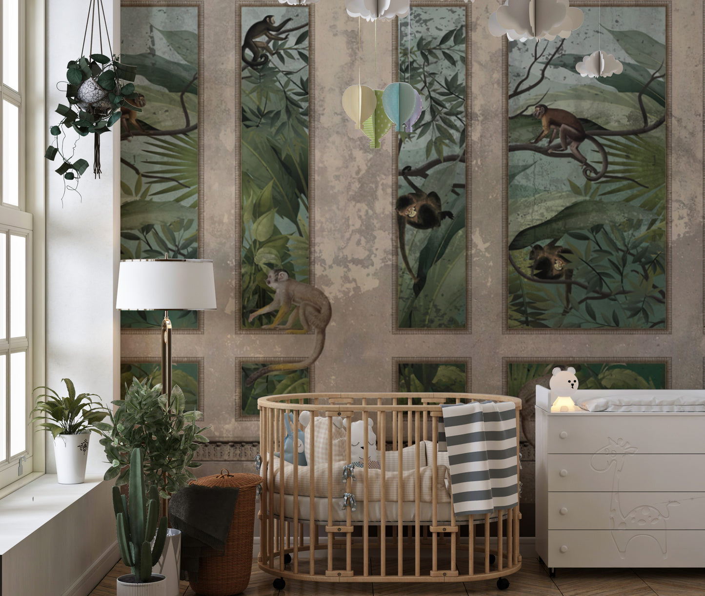 Antique botanical wallpaper featuring rainforest monkeys
