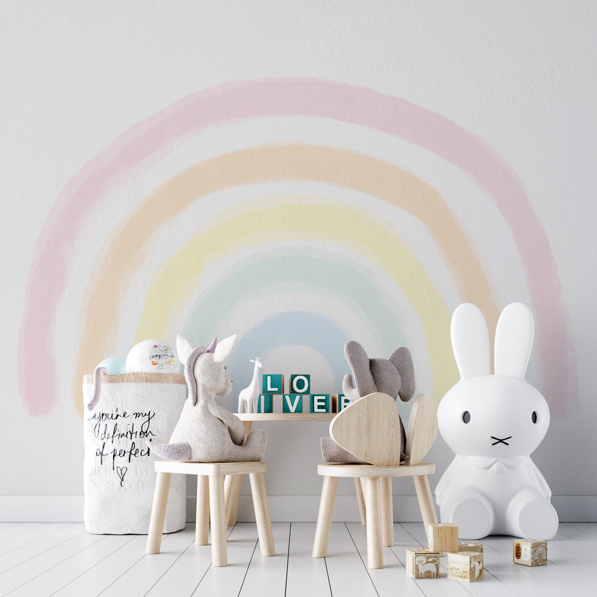 Brighten your kids room with a playful Pastel Rainbow Mural