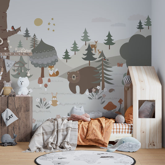 Snowy forest wallpaper mural for kids' room
