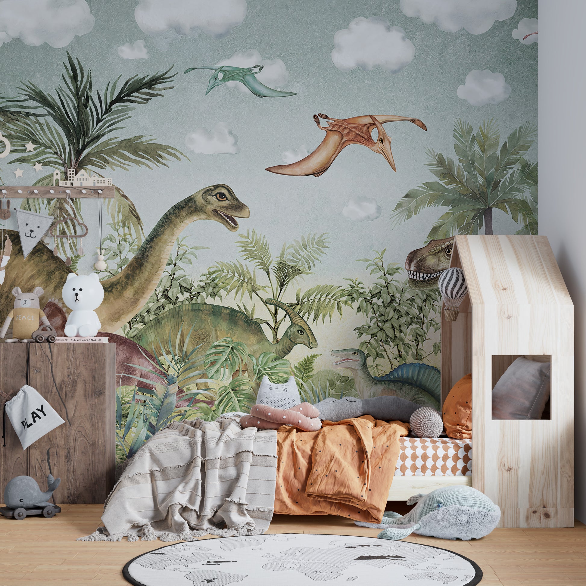 Scenic Jurassic-themed wall mural tones
