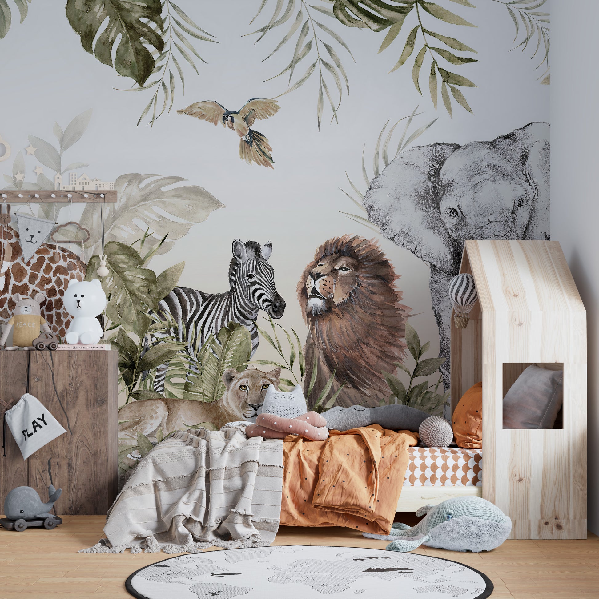 Watercolor Jungle Animal Wallpaper for Kids Room
