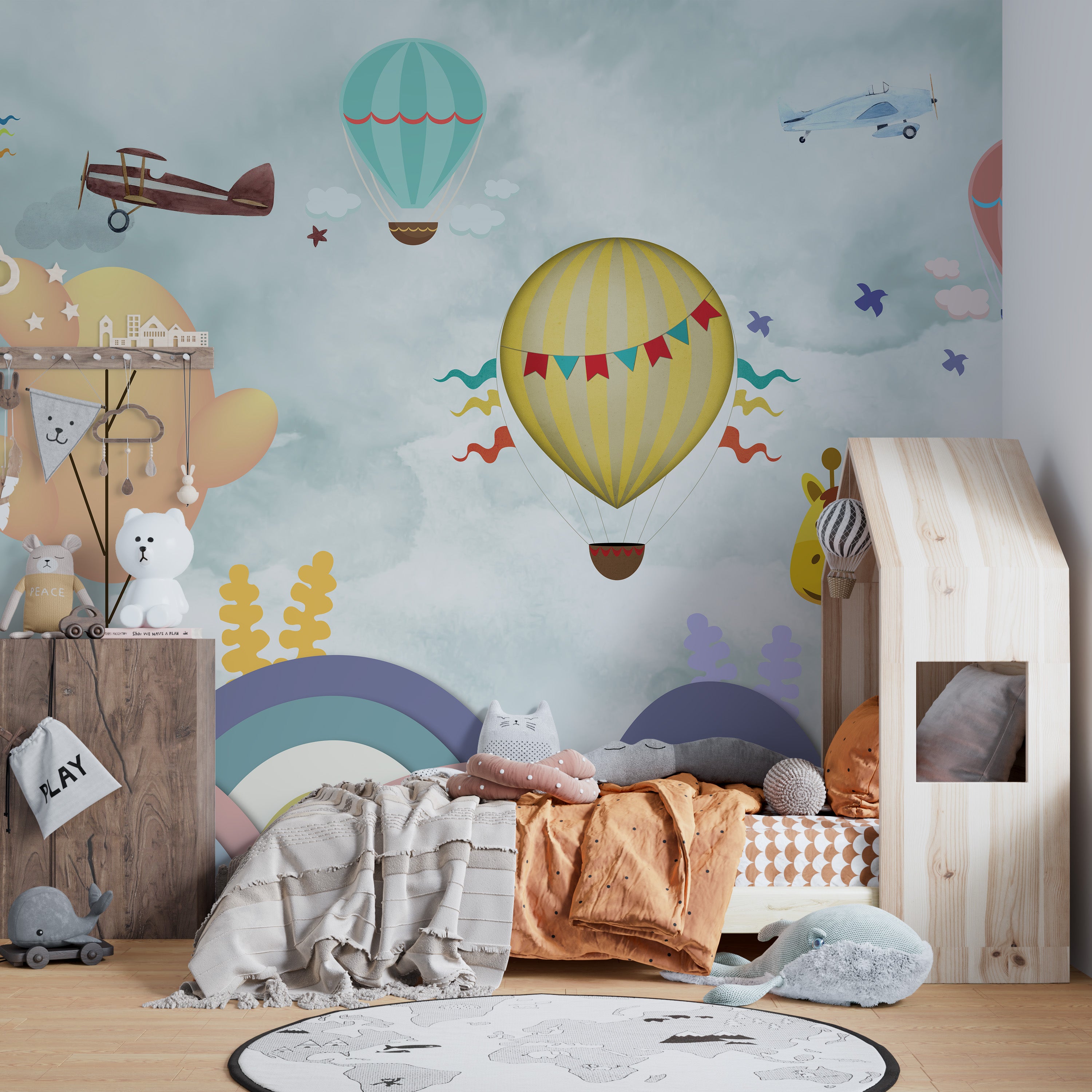 Cartoon Hot Air Balloon Kids Room Mural
