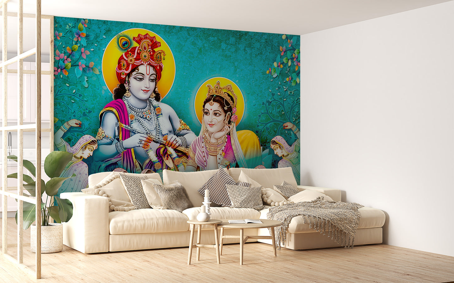 Krishna and Gopis mural in bright colors
