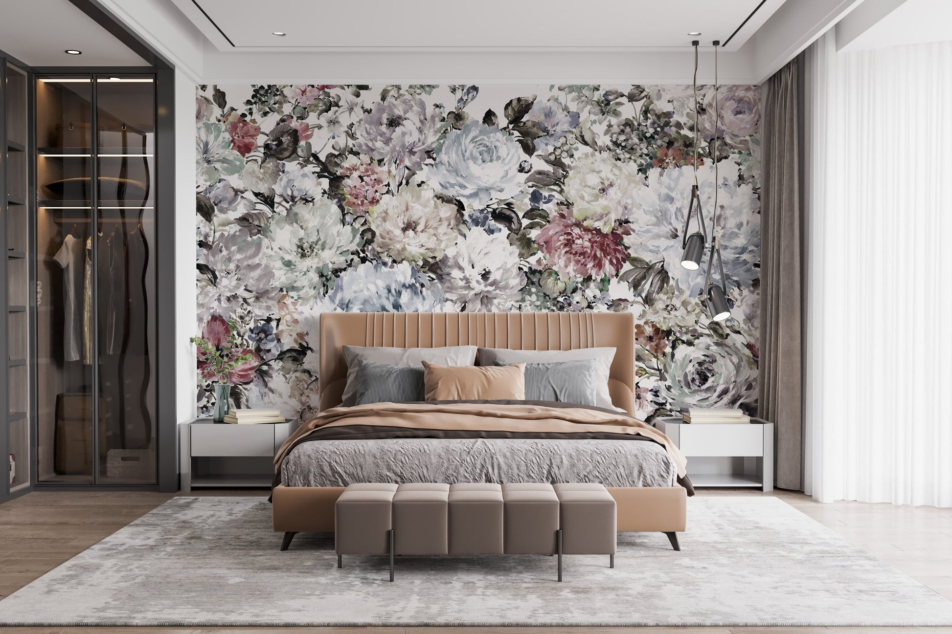 Elegant flower wall mural in muted colors
