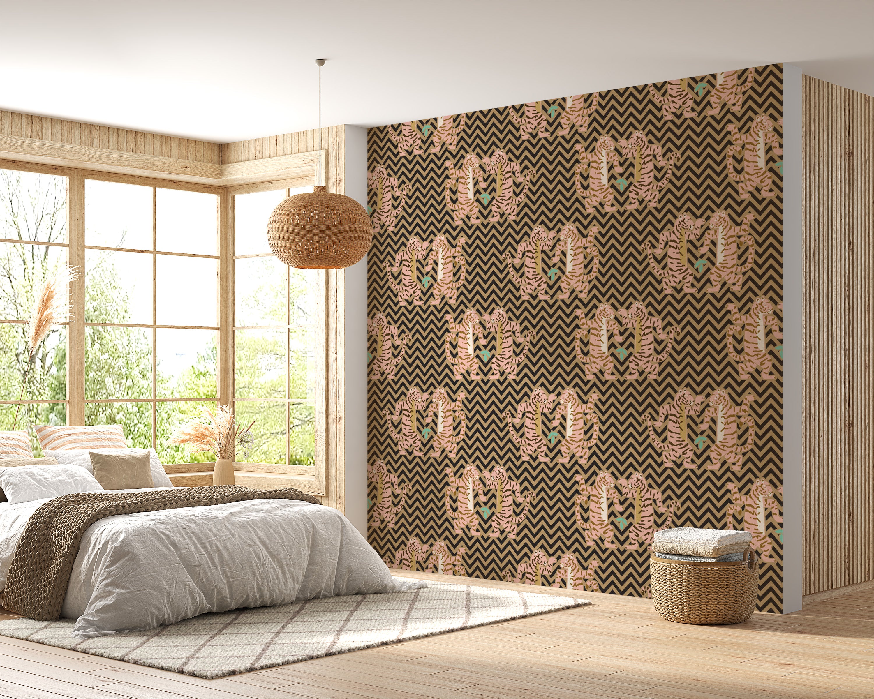 Dancing tiger mural with dark sand zigzag patterns