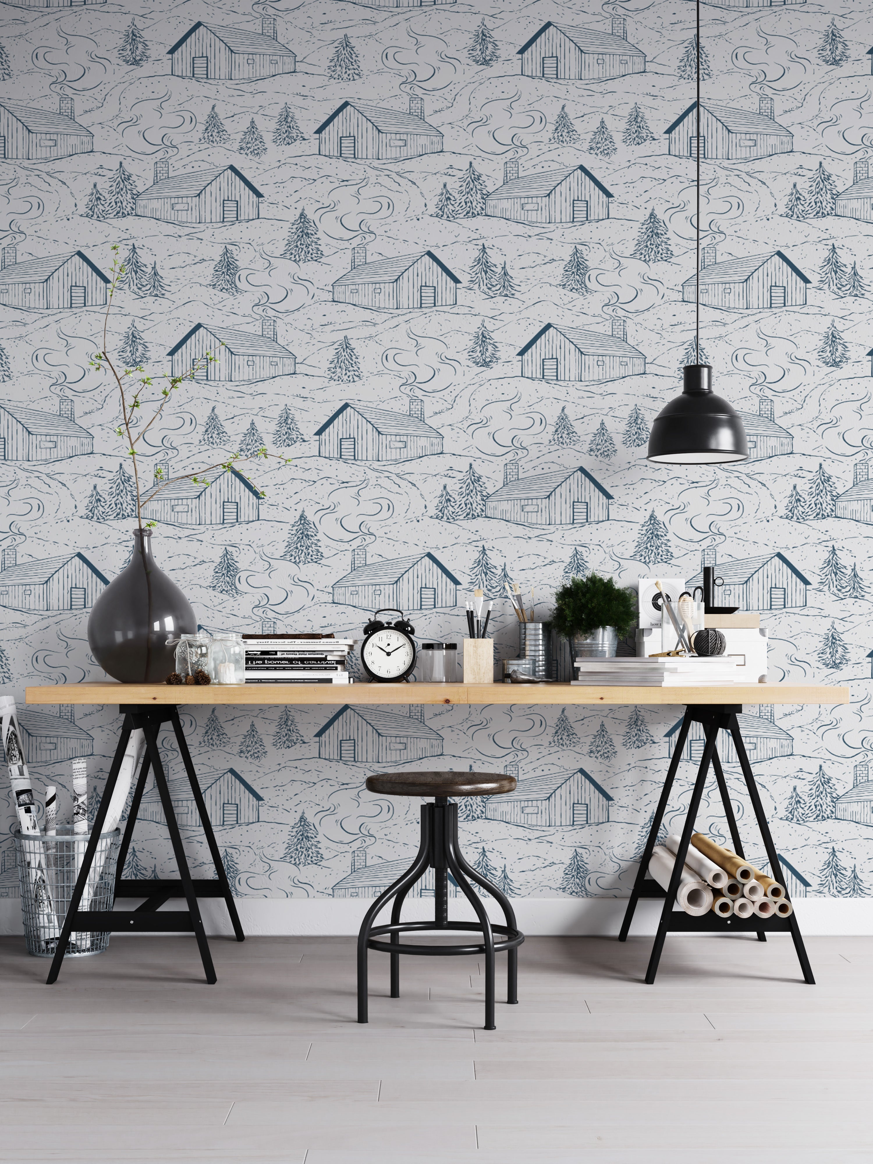 Nature-inspired smokey cabins blue wallpaper for fresh, calming spaces.
