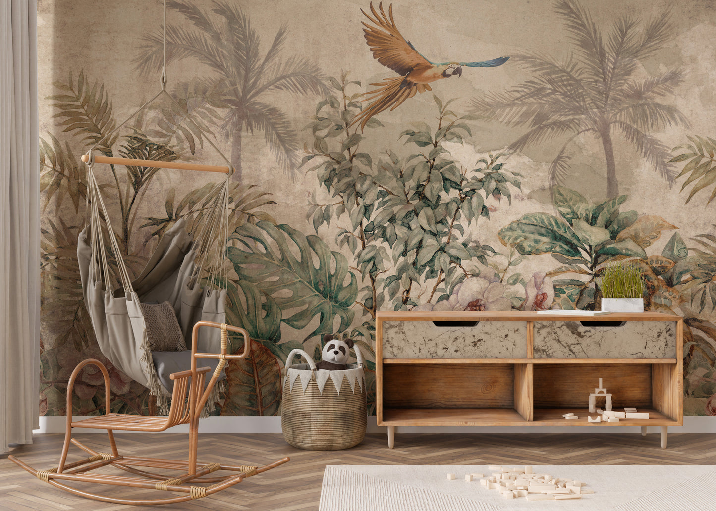 Sepia Colored Tropical Forest Mural
