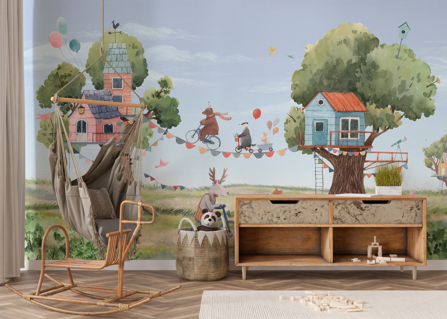 Treehouse party wallpaper for kids room