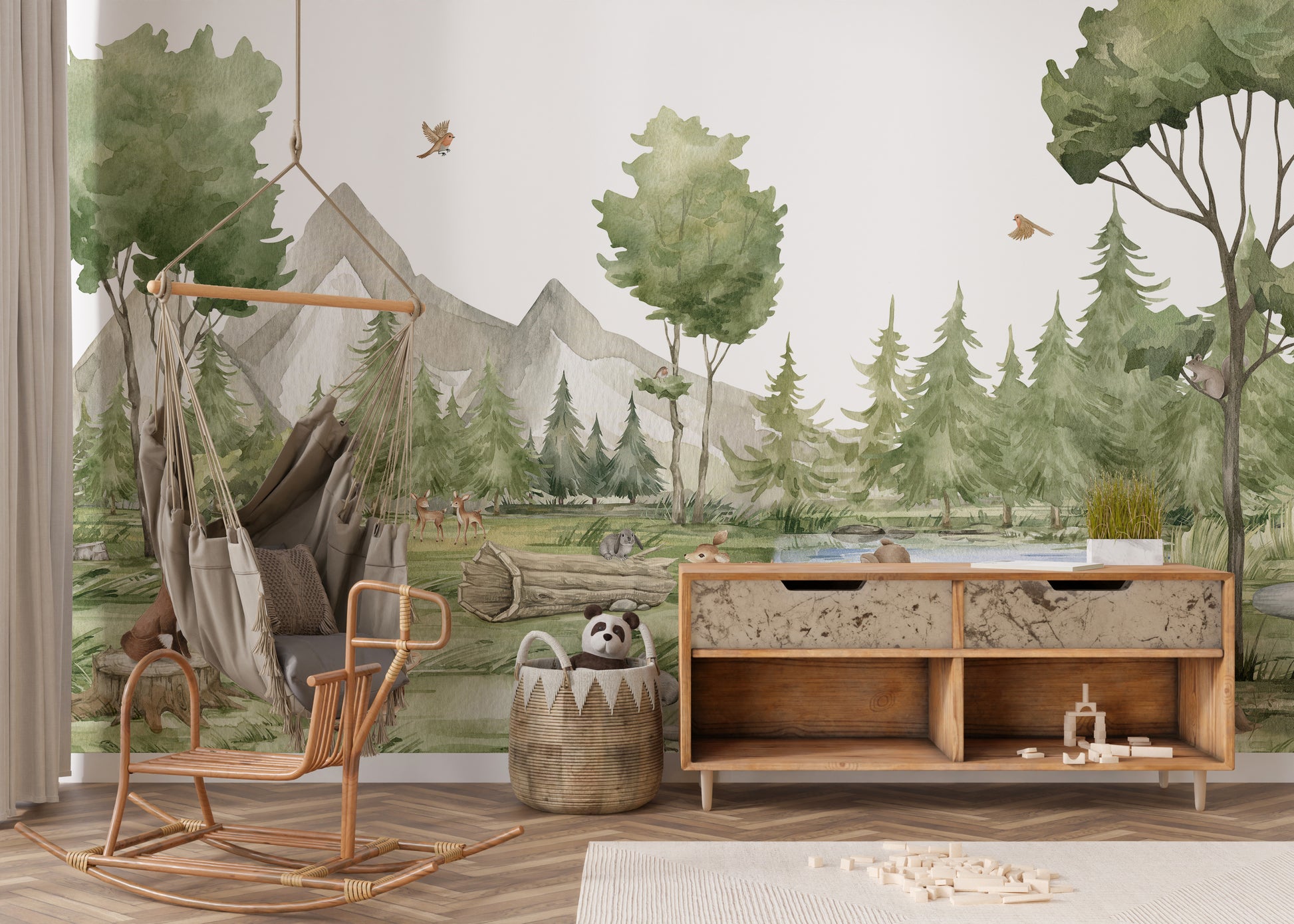 Watercolor forest wallpaper for children's rooms