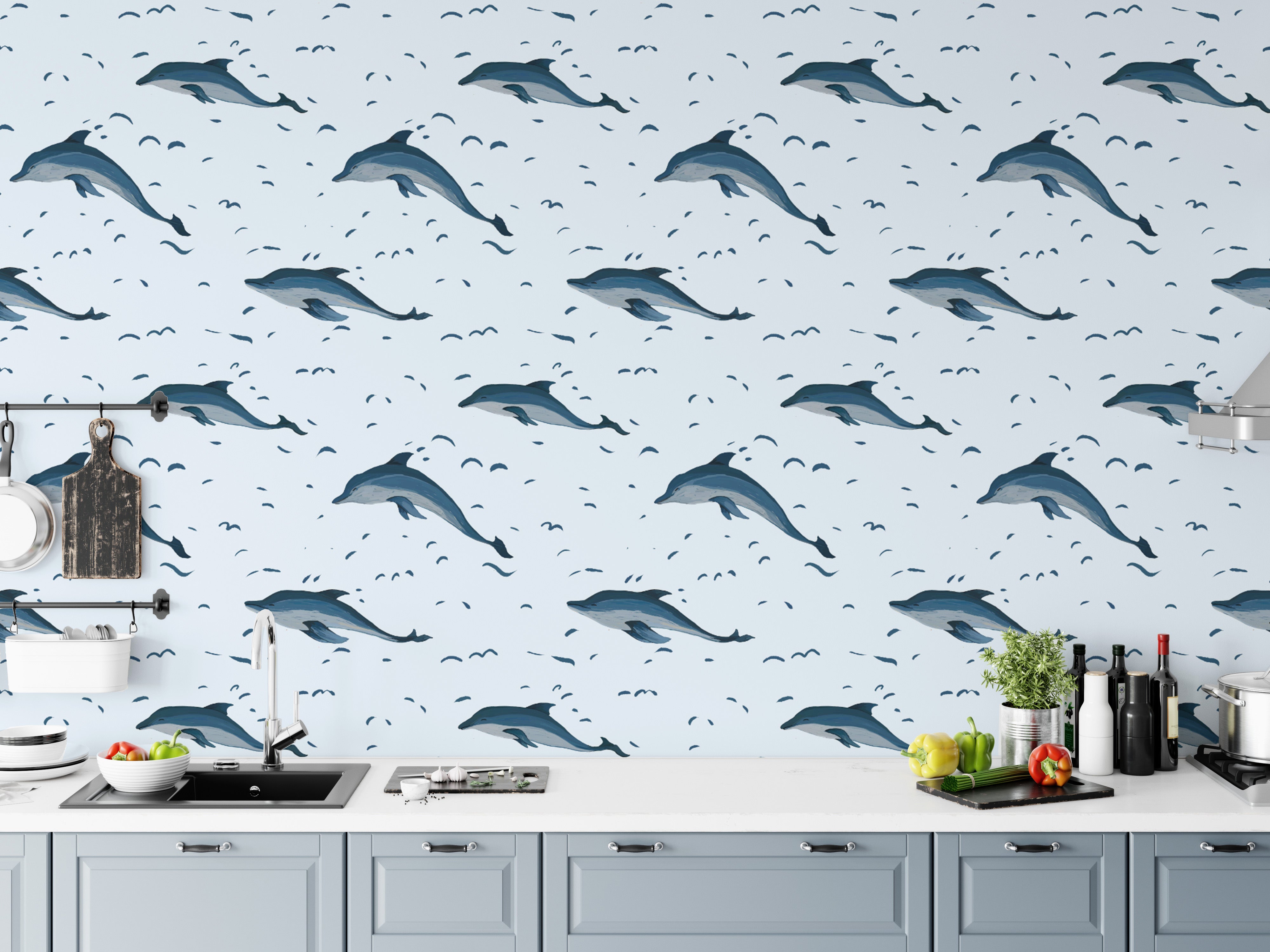 Whimsical dolphins wallpaper for kids’ rooms or nautical themes.
