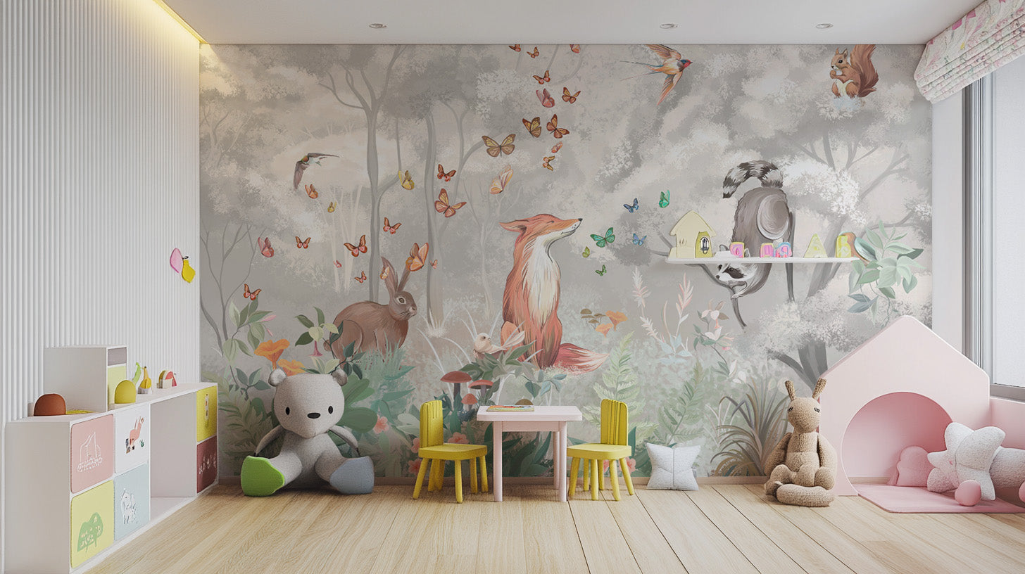 Woodland Animals and Flowers on Pastel Forest Wallpaper
