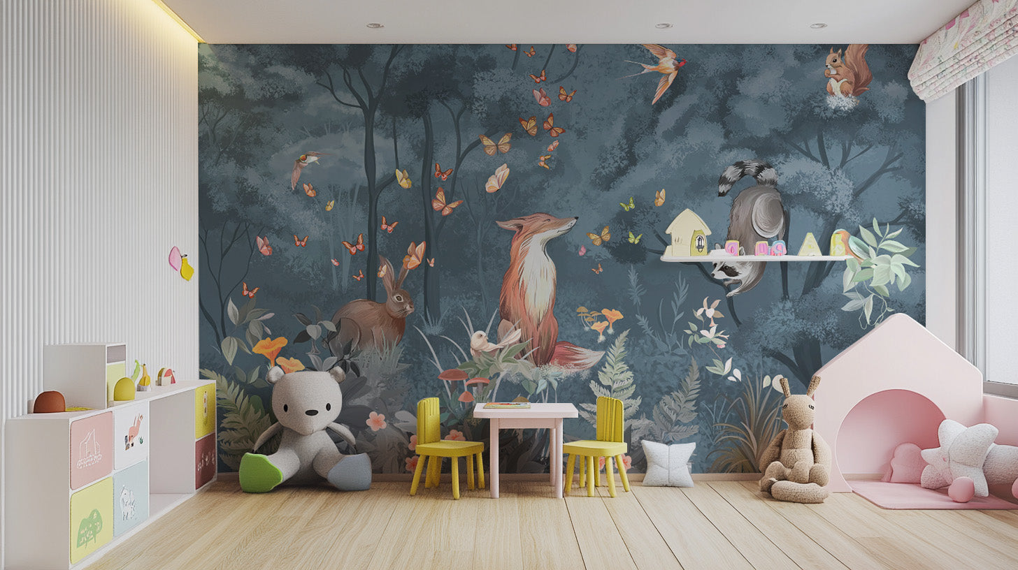 Enchanting woodland animal wallpaper for cozy interiors.
