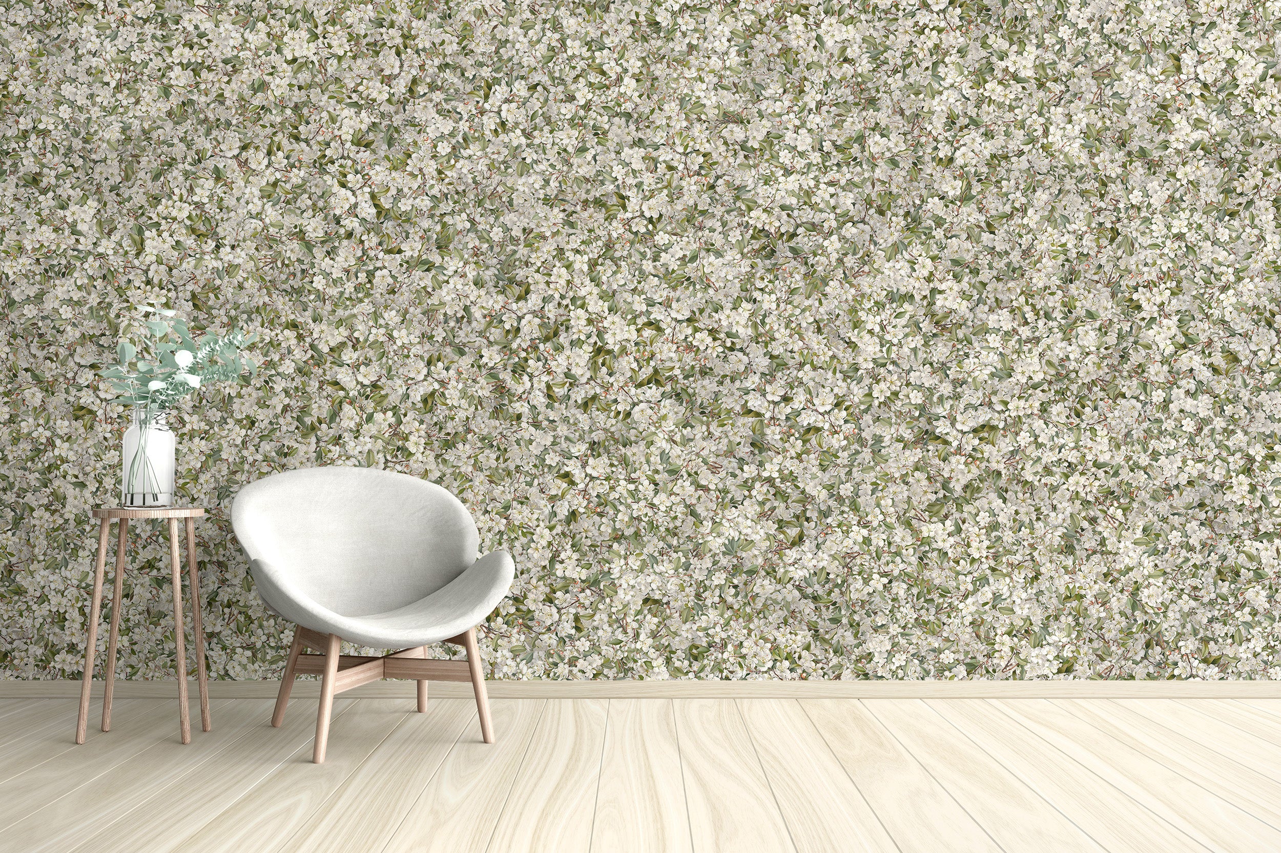 Charming white floral wall murals for interiors
