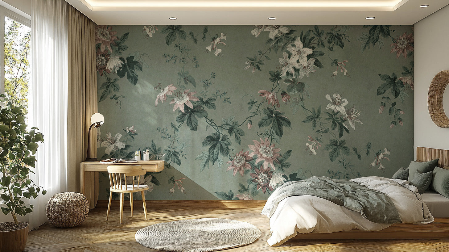 Luxurious chinoiserie-inspired green wall art wallpaper