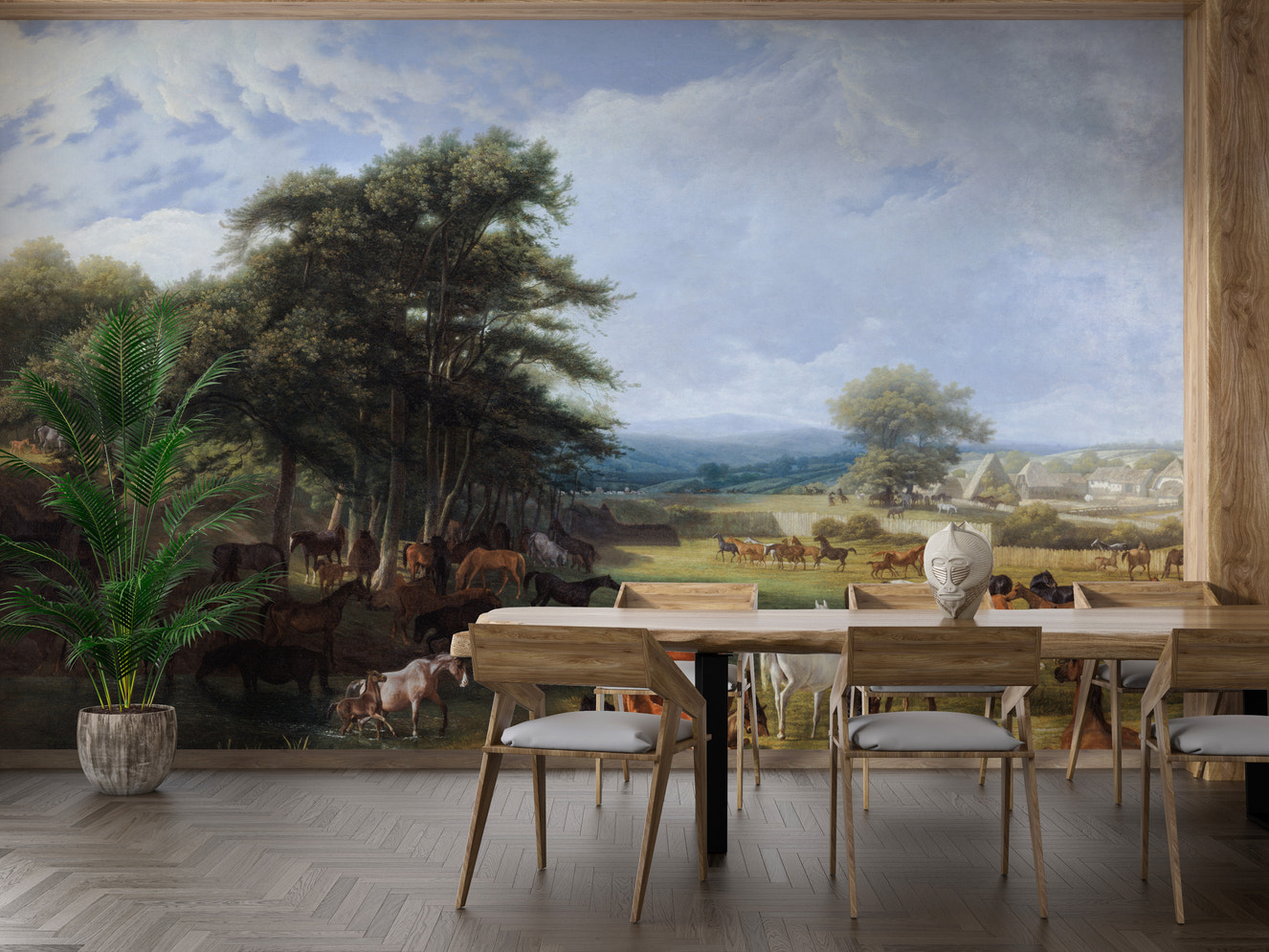 Scenic horse meadow wallpaper mural with trees
