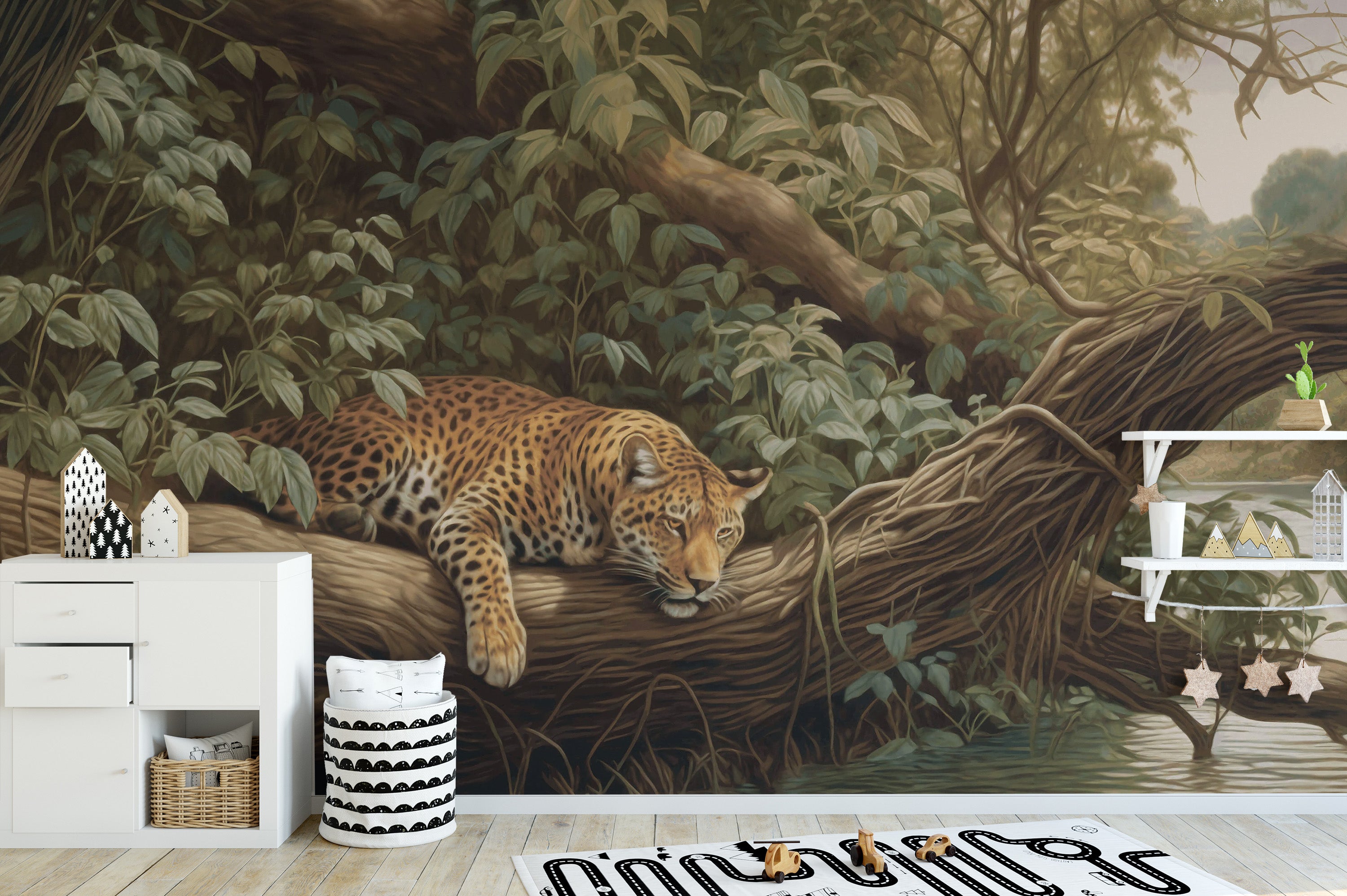 Green jungle wildlife wall mural with leopard
