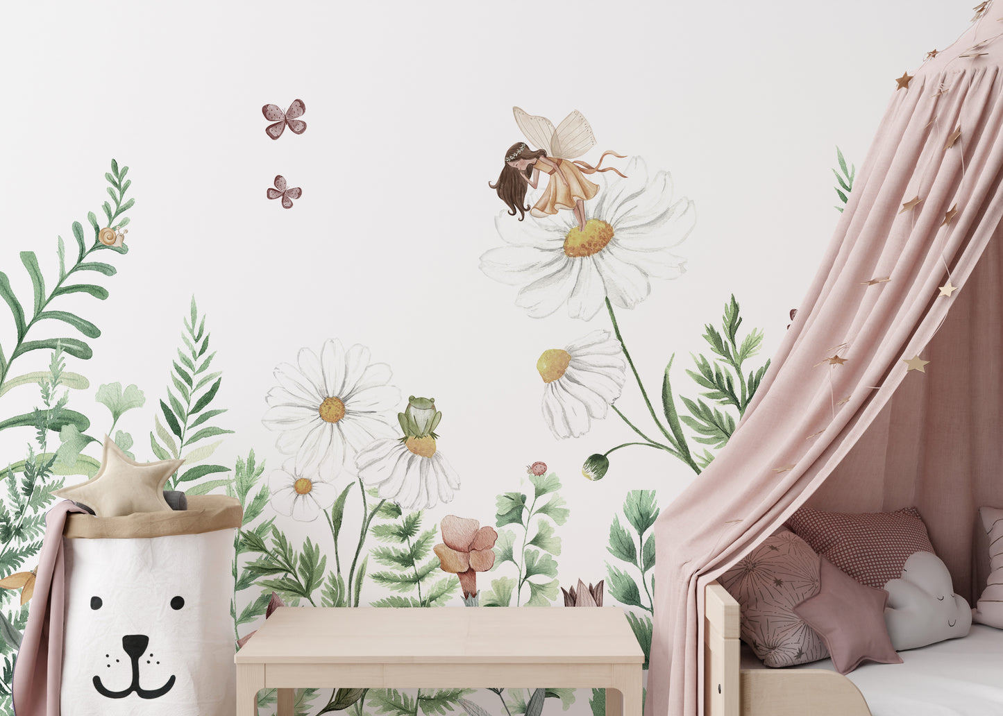 Enchanting fairy garden wallpaper with floral watercolor style