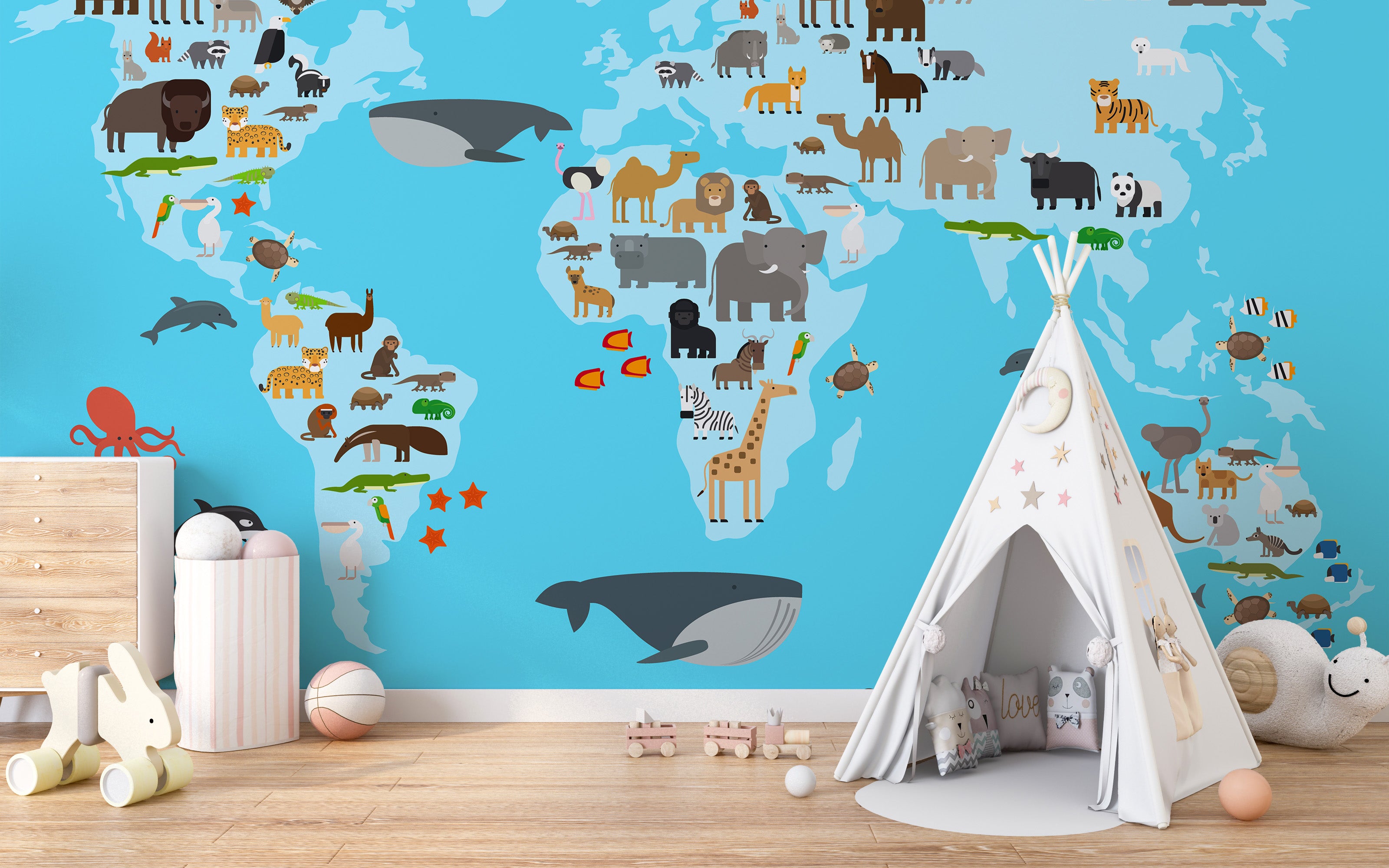 Kids' world map mural featuring adorable animals and continents.
