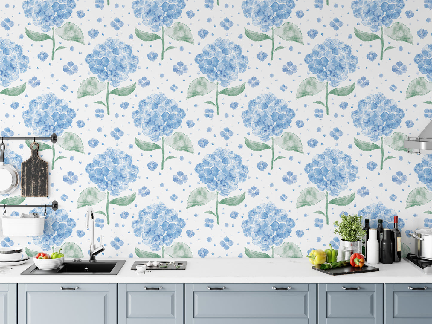 Vibrant blue hydrangea wallpaper for a fresh and lively ambiance.
