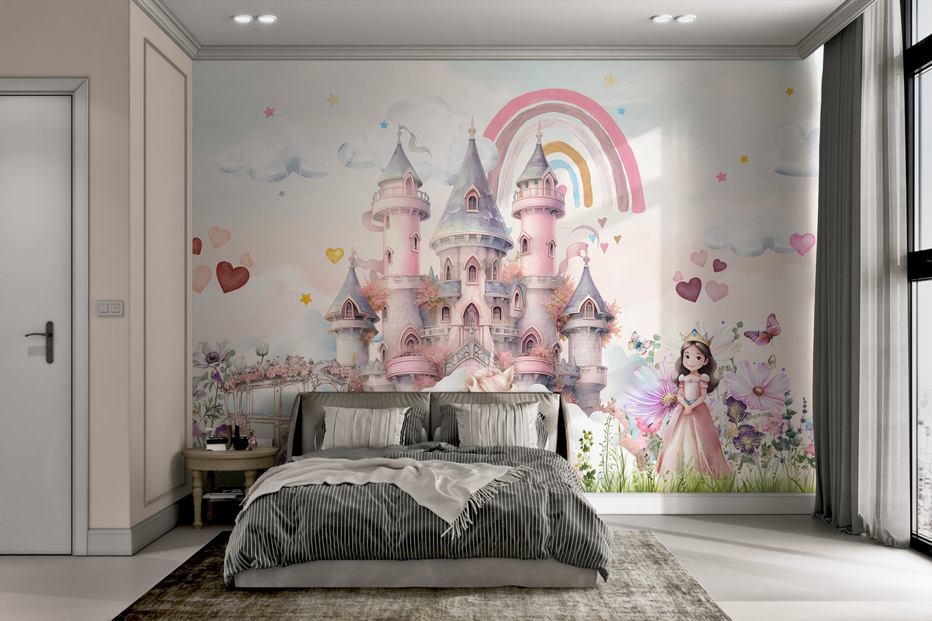 Beautiful pink castle surrounded by clouds, rainbows, and whimsical details