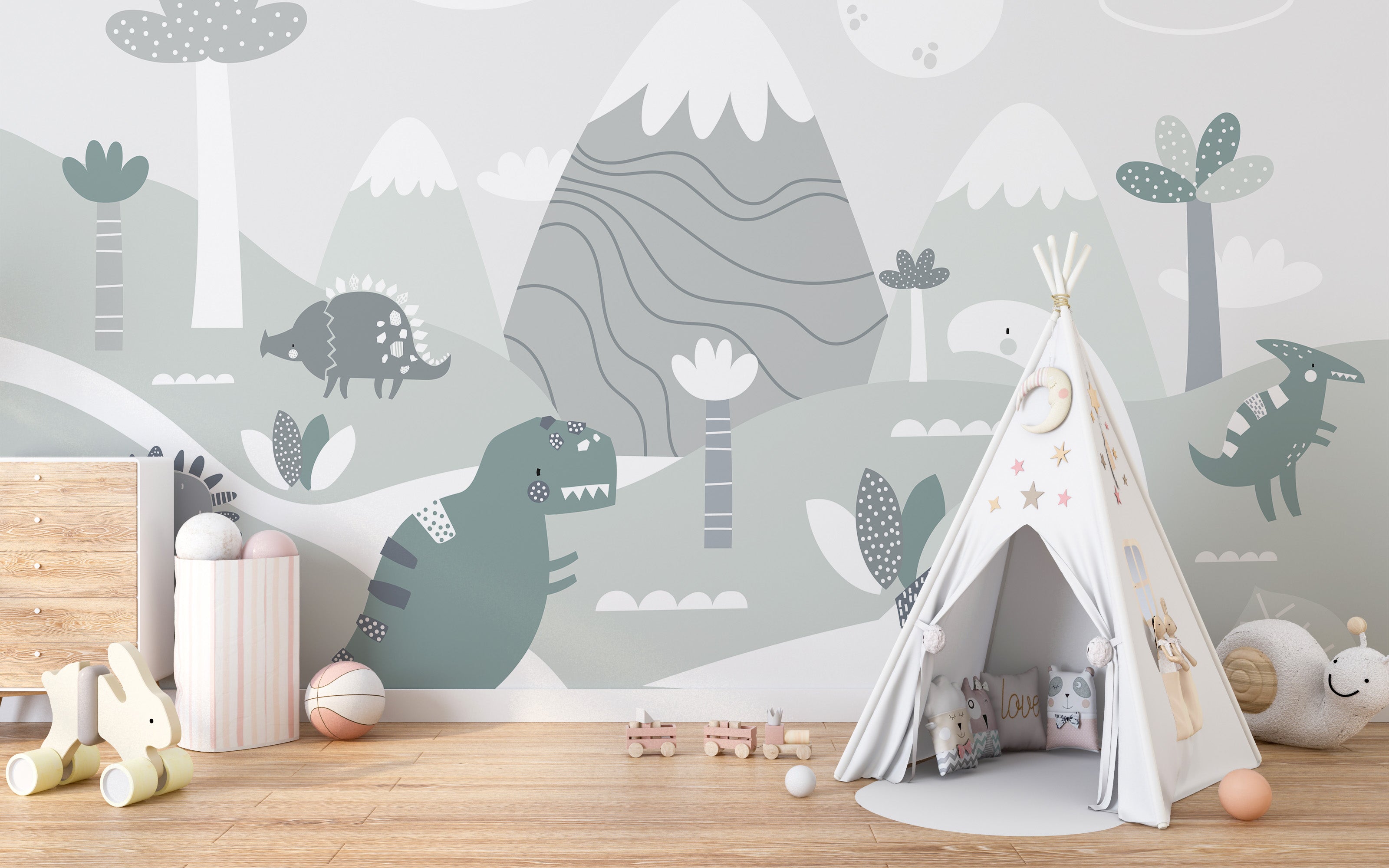 Scenic dinosaur-themed kids wall mural
