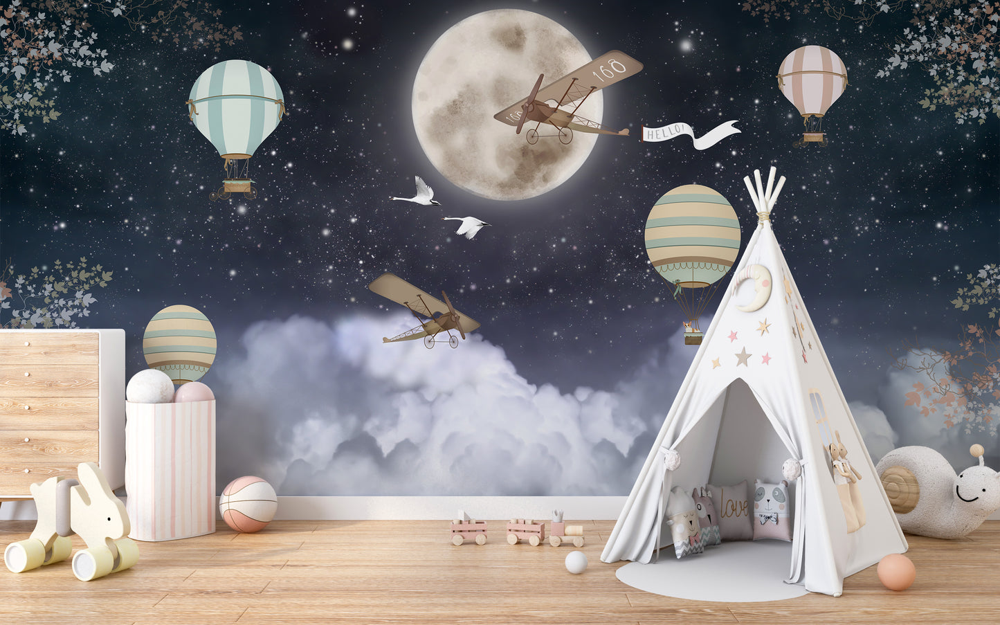 Shinny Stars Night Hot Air Balloons Wallpaper Murals