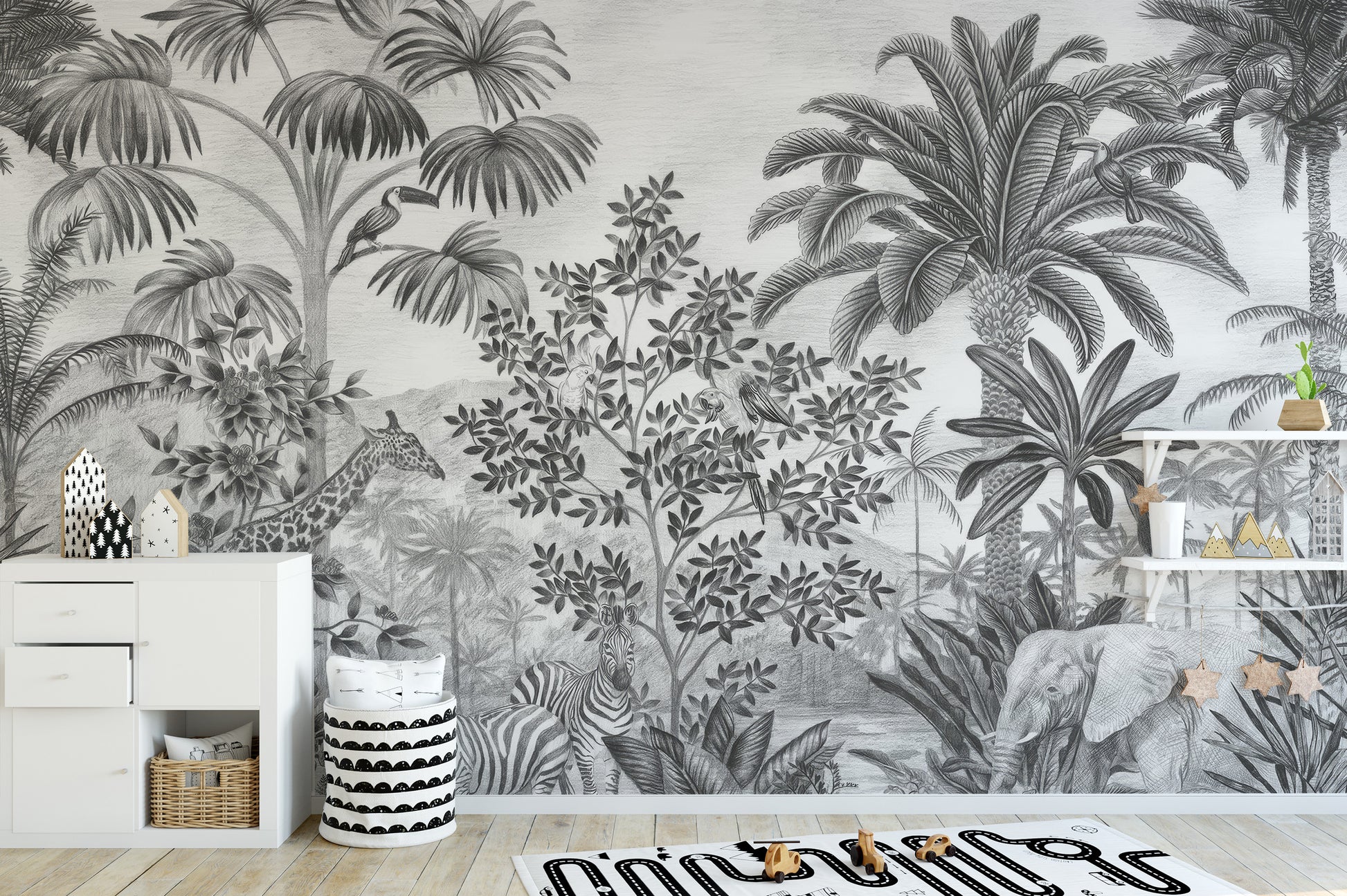 Elegant black and white jungle wall murals
