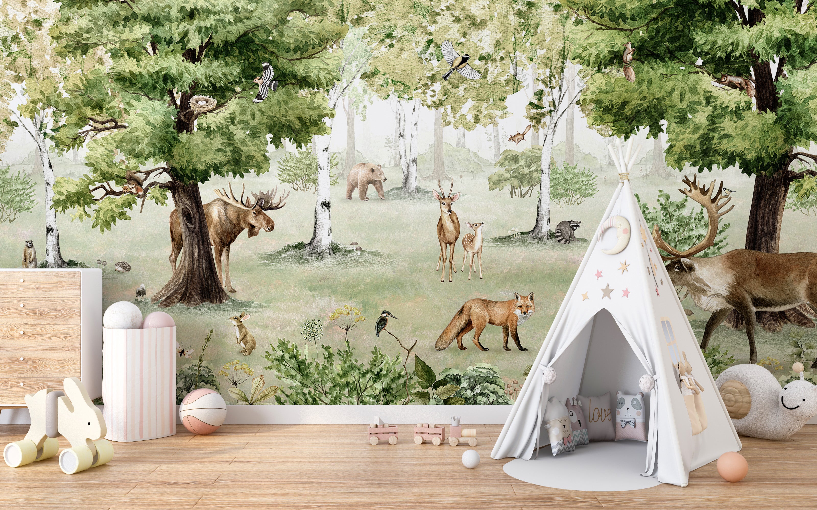 Watercolor Woodland Wonders wallpaper with forest animals