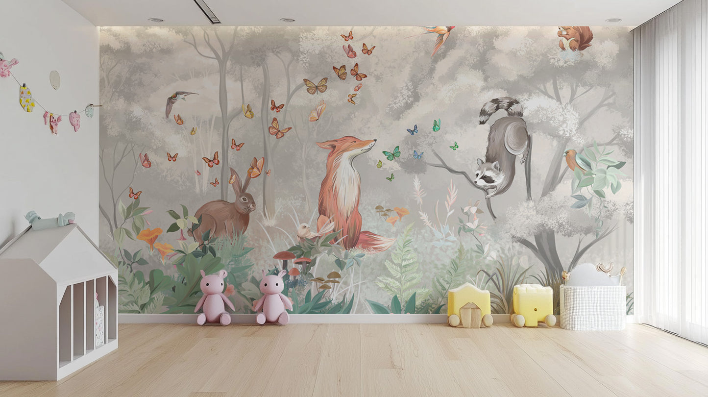 Pastel Forest Wallpaper with Wildlife and Butterflies
