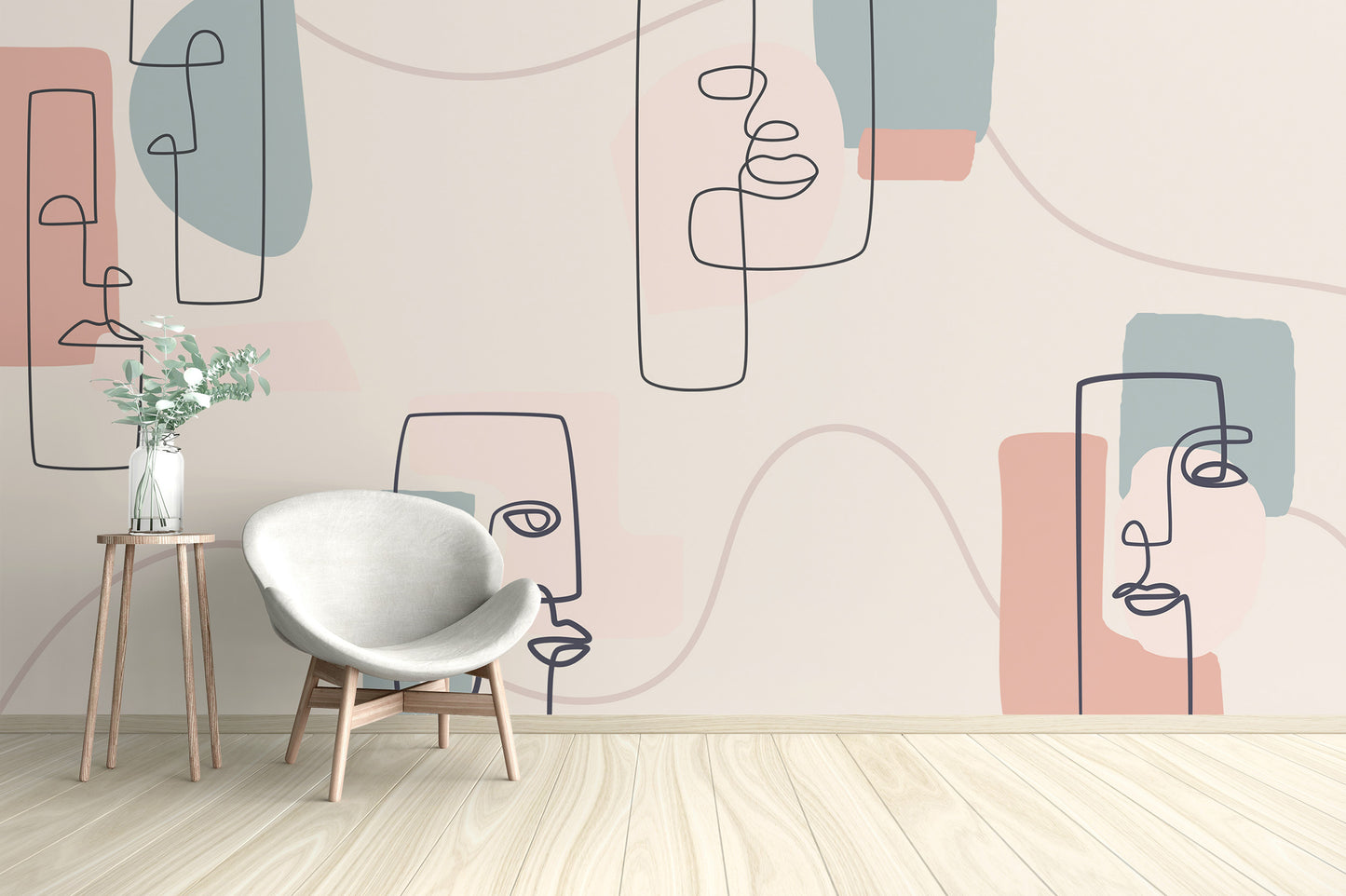 Minimalist design wall mural with elegant facial line contours.
