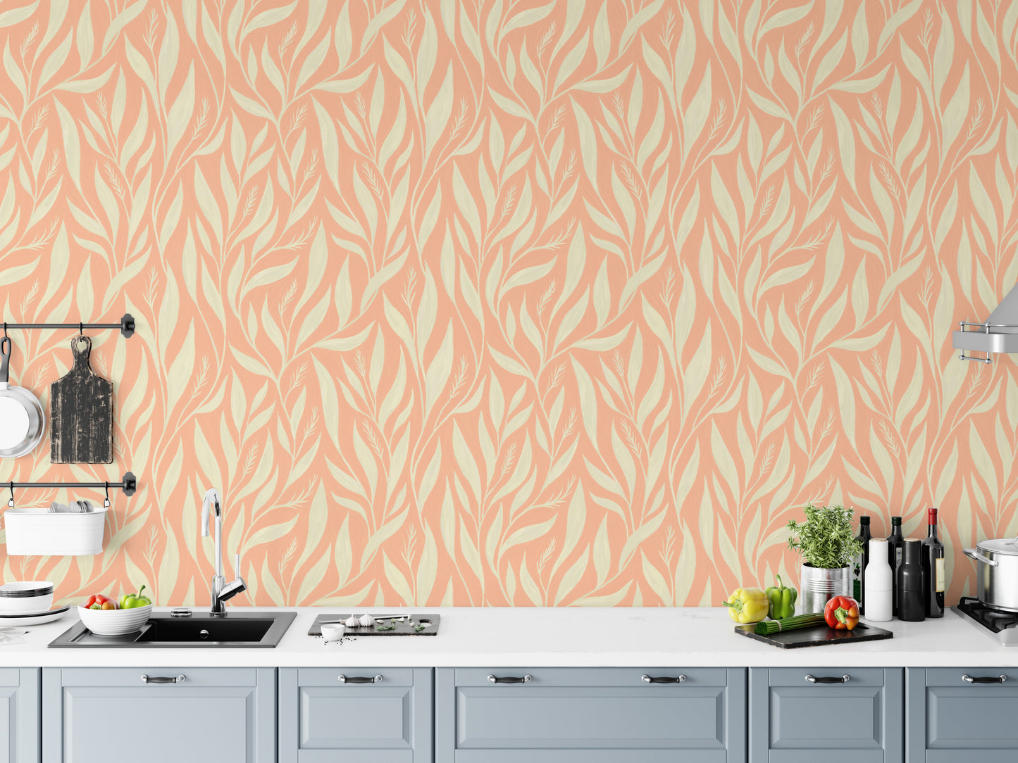 Simple peach wallpaper with white foliage
