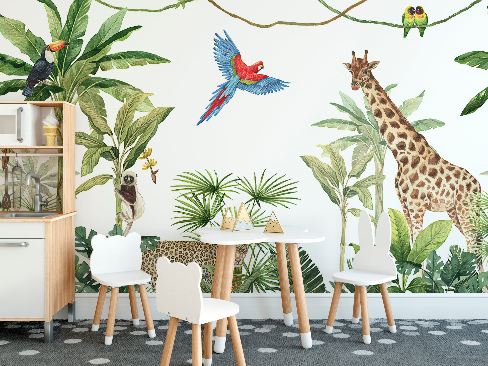 Vibrant animal kingdom wall mural with plants
