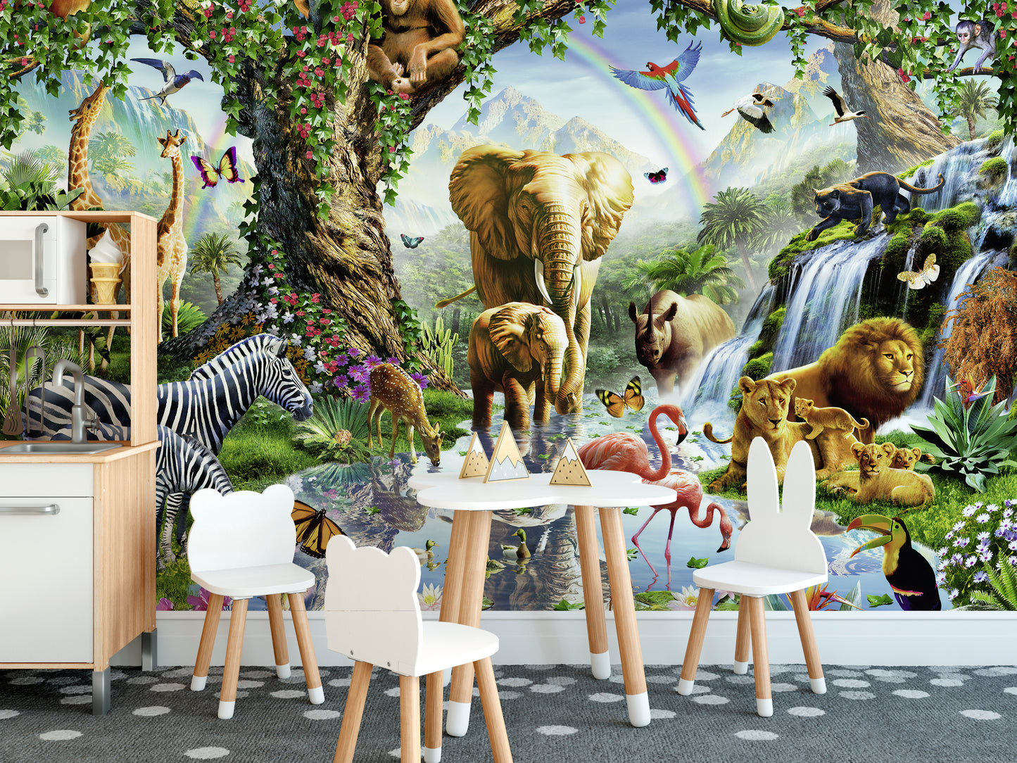 Vibrant Wild Animals in a jungle Wallpaper