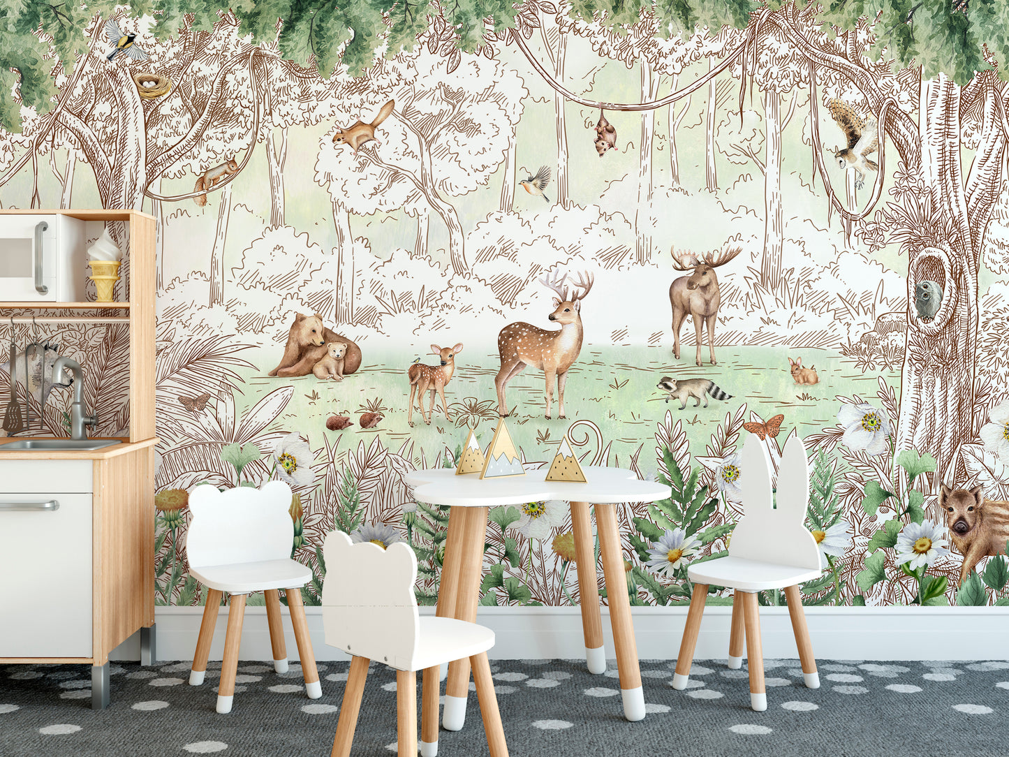 Woodland animals wallpaper showcasing spring flowers and trees