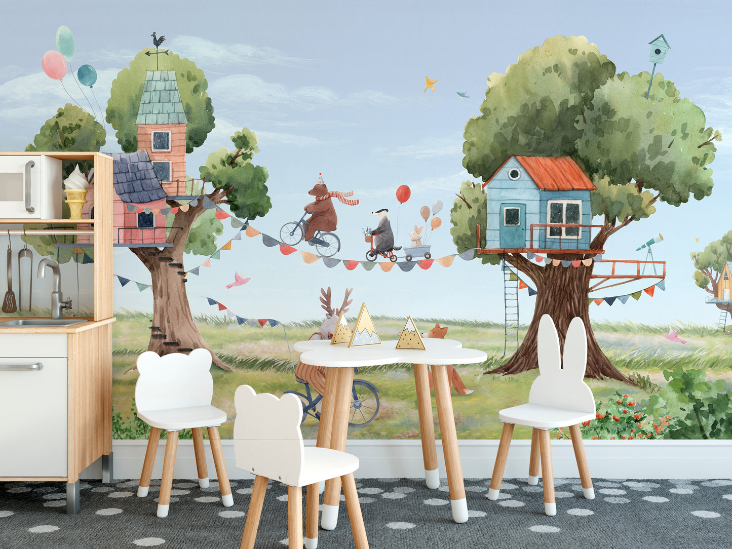 Treehouse party wallpaper for kids room