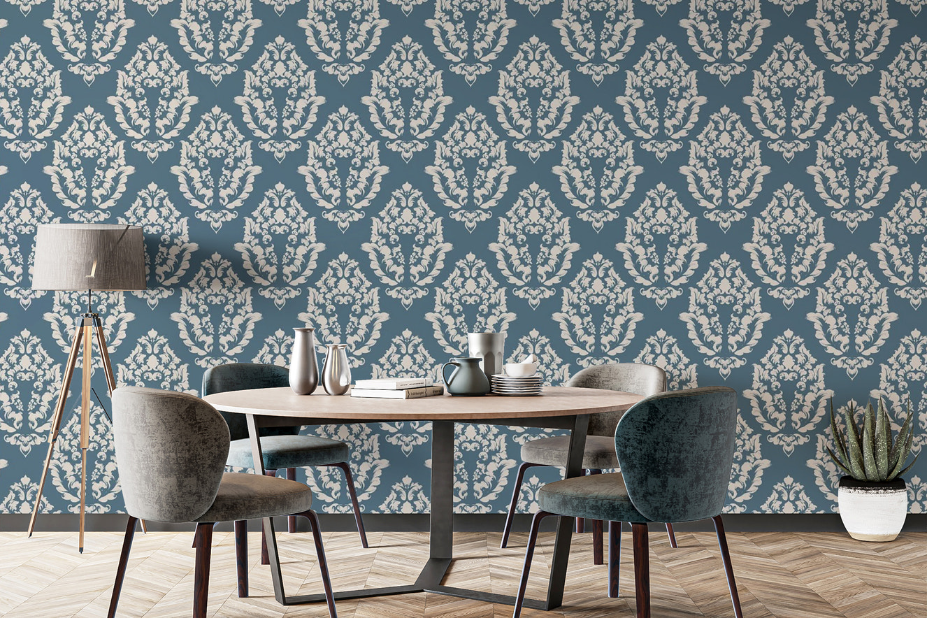 Timeless damask pattern dining room mural in blue
