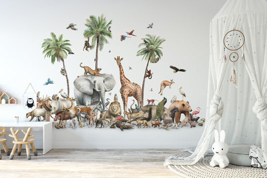 Tropical jungle safari mural with wildlife and palm trees