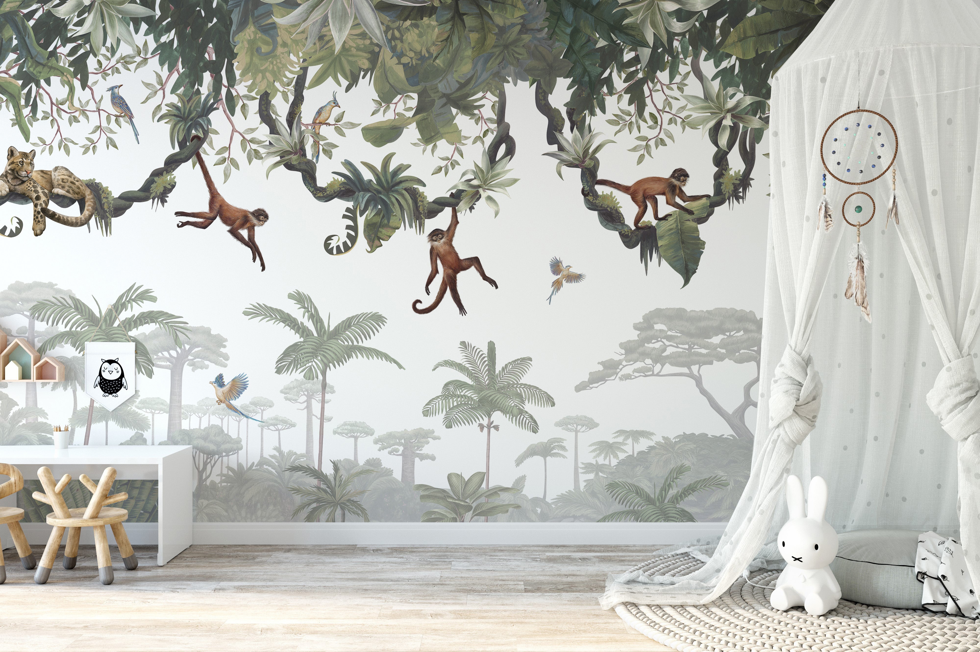 Jungle wallpaper murals with playful hanging monkeys theme