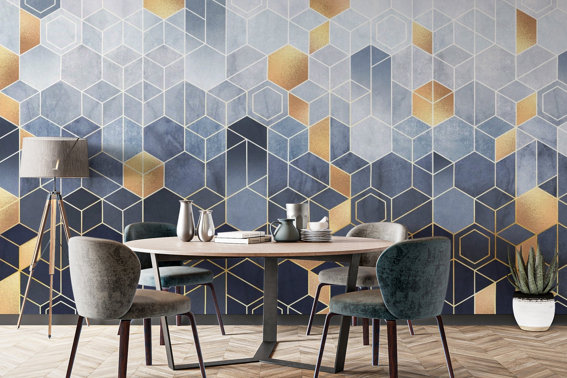 Modern hexagonal ombre gold wallpaper mural
