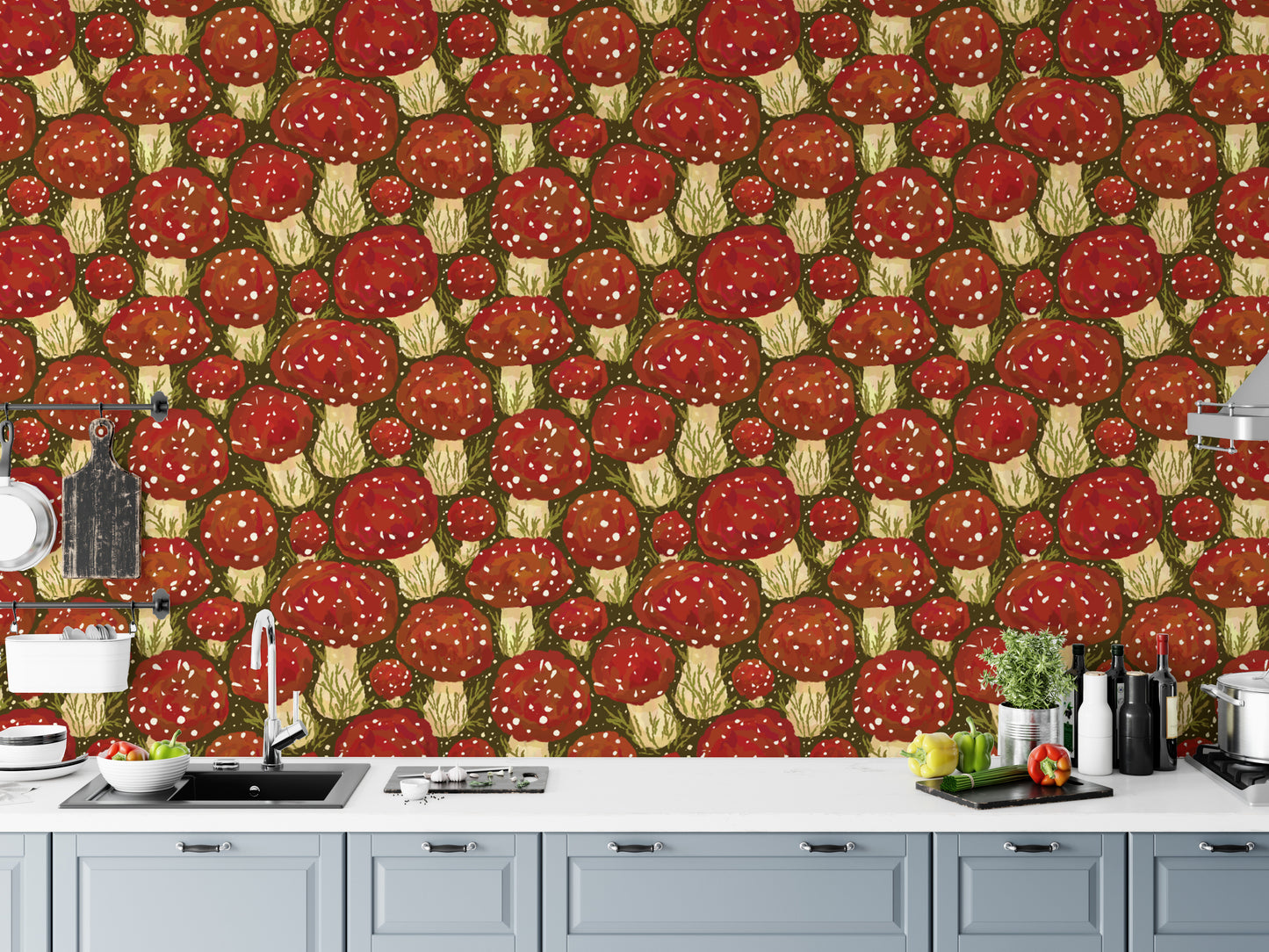 Vibrant red mushroom meadow wallpaper for a lively, nature-inspired vibe.
