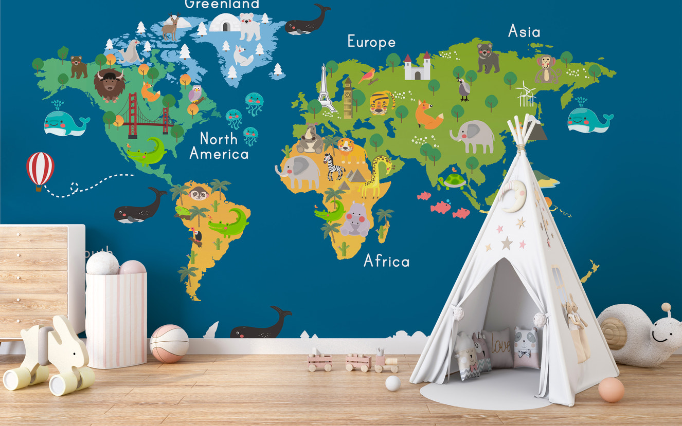 Kids World Map Blue Wallpaper Mural