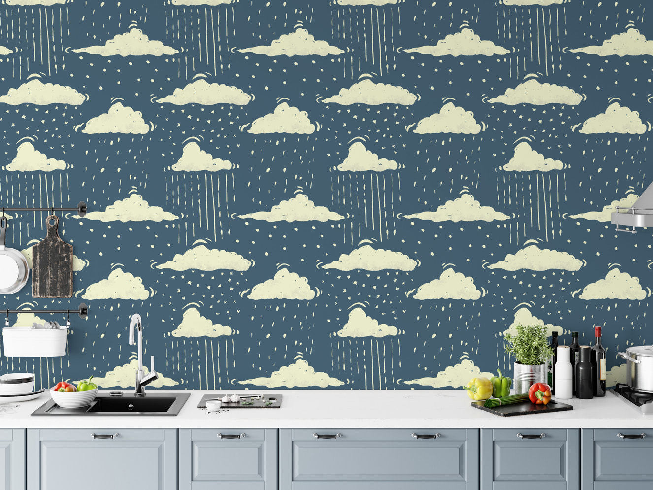 Serene blue sky above rainy clouds wallpaper for tranquil decor.
