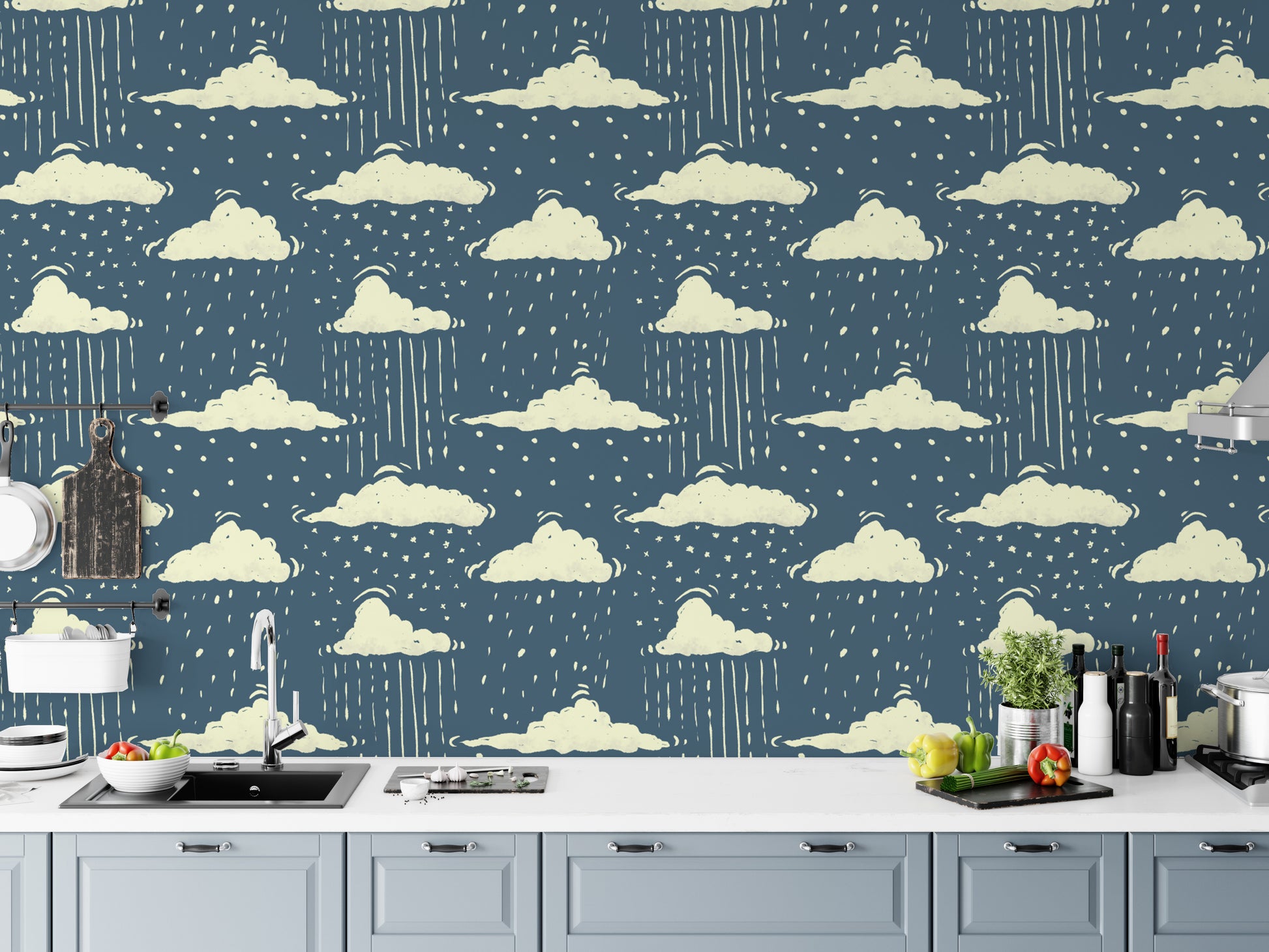 Serene blue sky above rainy clouds wallpaper for tranquil decor.
