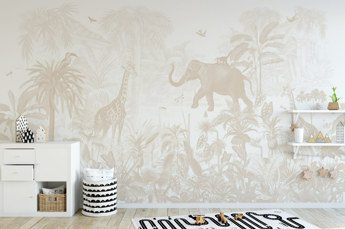 Kids' beige wall murals with jungle animals
