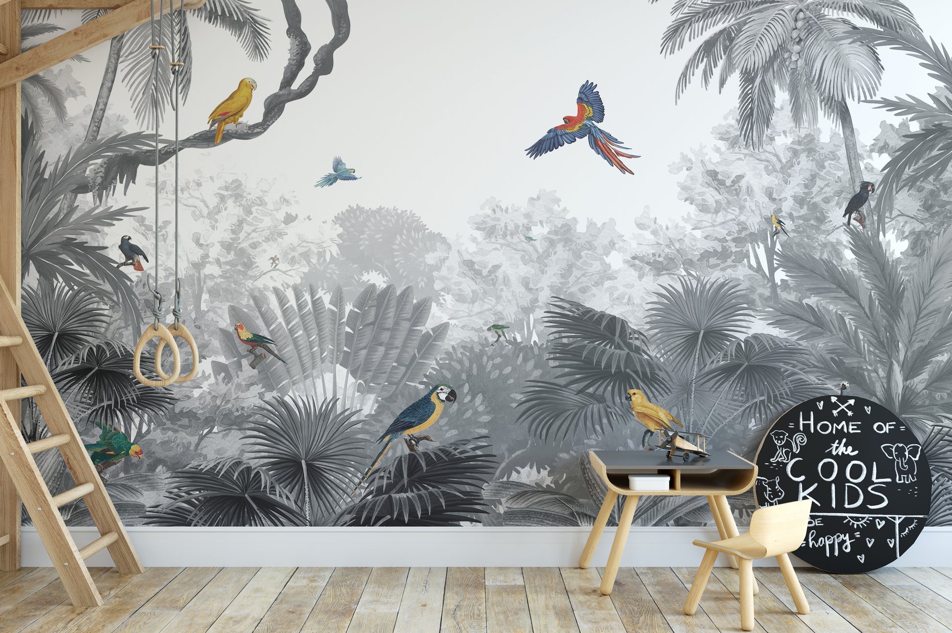 Tropical wallpaper mural featuring birds and grayscale jungle