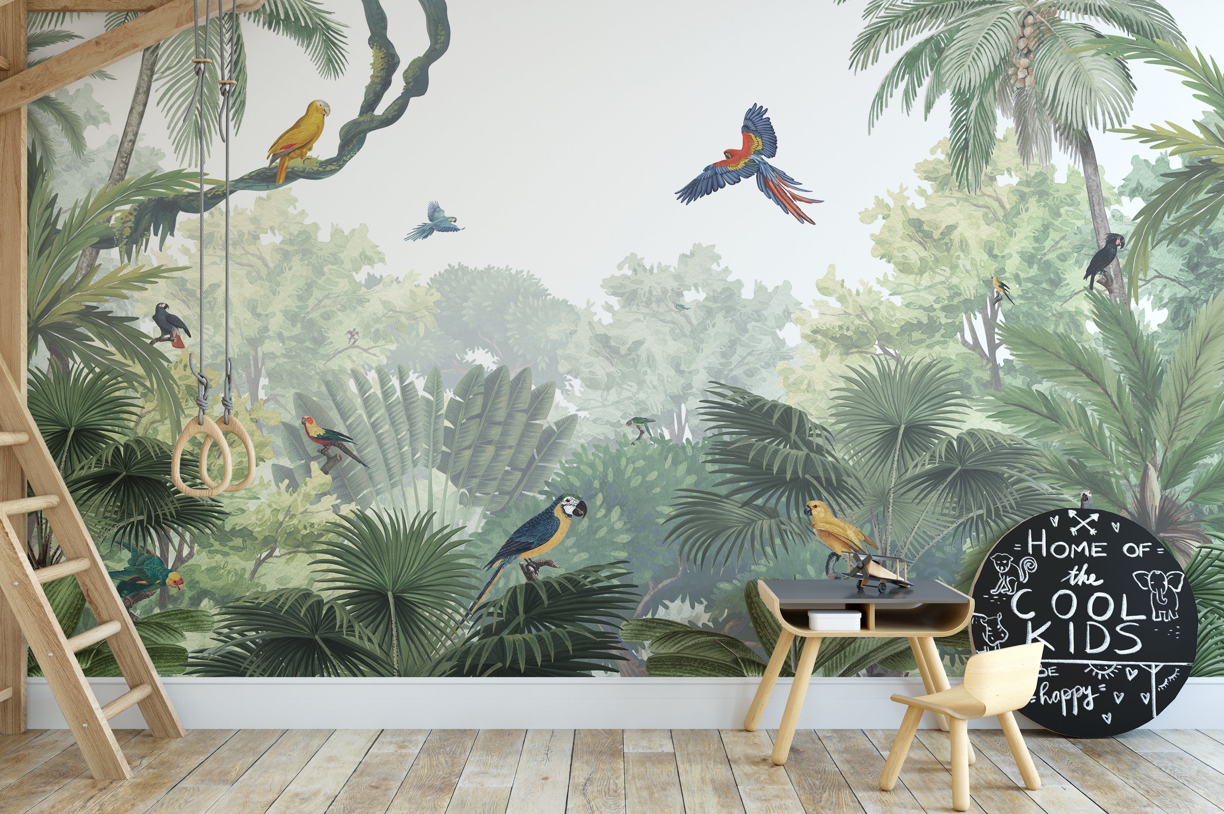 Lush tropical wallpaper with jungle canopy and exotic birds