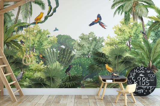 Vivid green jungle wallpaper murals with tropical foliage