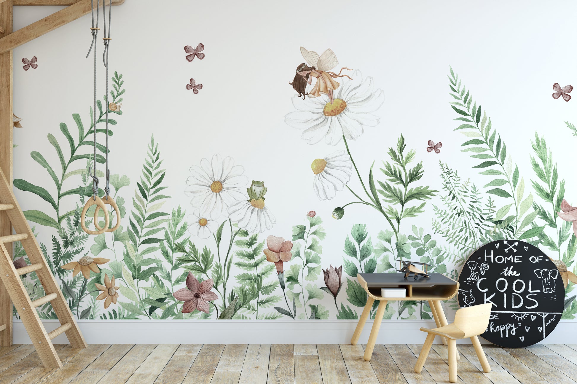 Magical fairy garden wallpaper with lush floral details