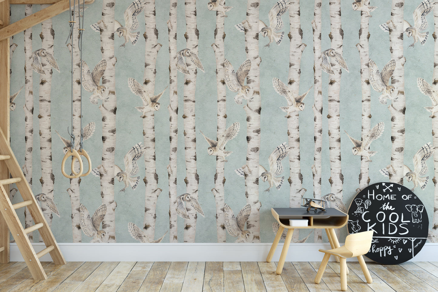 Owl Birch Forest Wallpaper - Blue